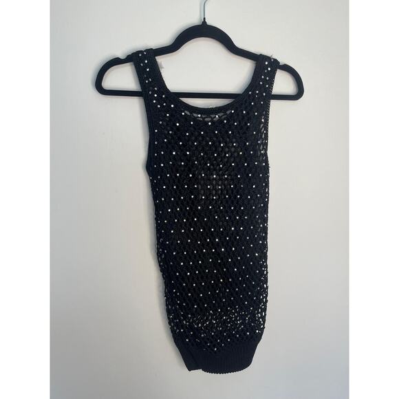 Valentino Boutique Rhinestone Tank Top Women S Black Fishnet Knit Sleeveless - Picture 2 of 7